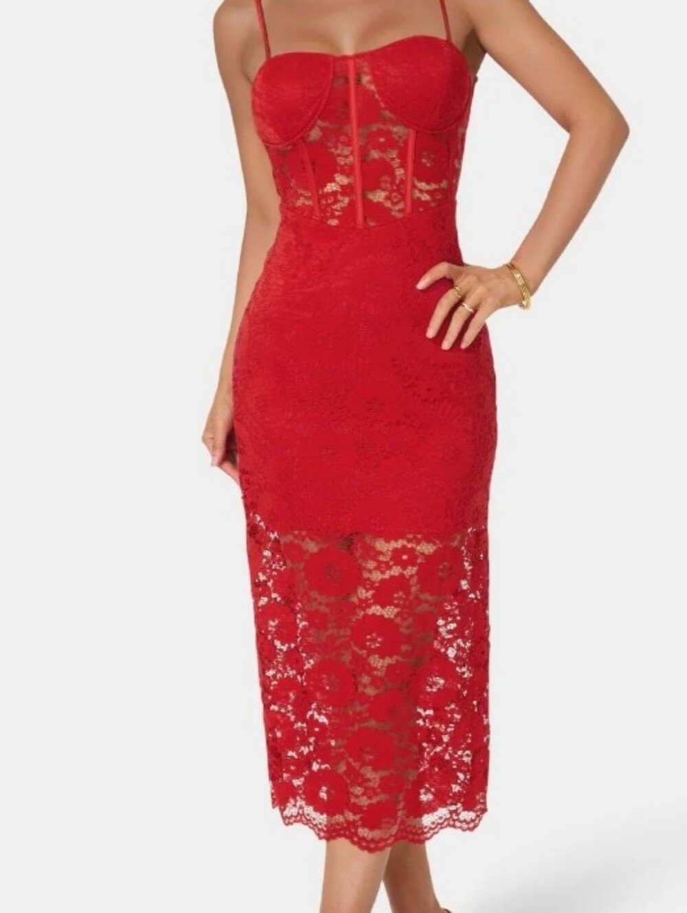 bebe Red Lace Bustier Midi Dress